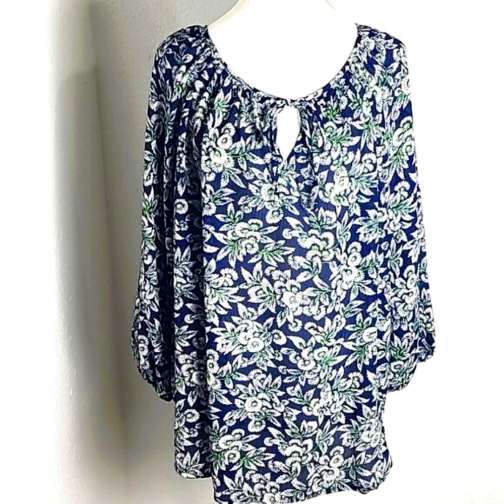 Chaps Navy Blue, Green, White Floral Blouse, Round Tie Neckline, Size Large